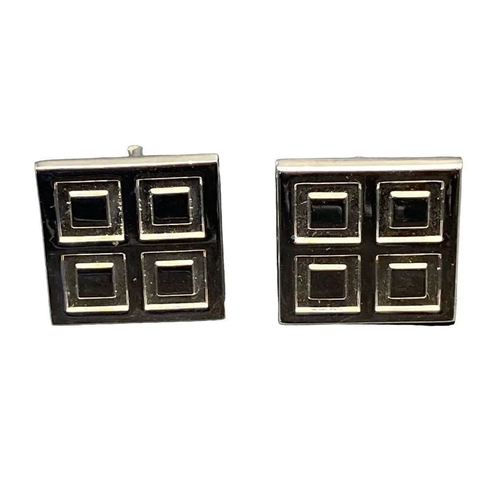 Vintage Hickock silver tone square cuff links with inner square pattern